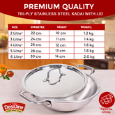 DesiDine Triply Stainless Steel Kadhai With Lid